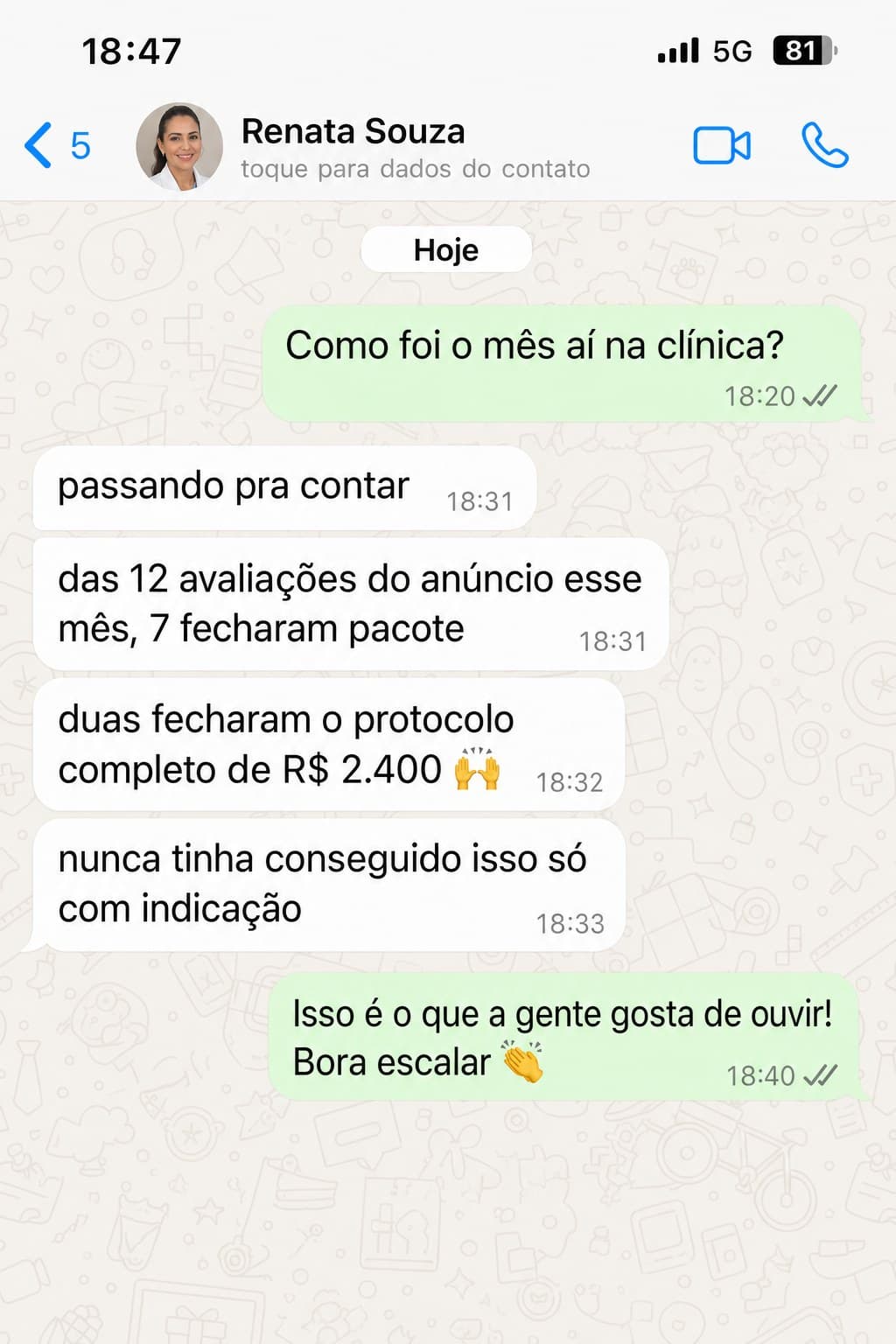 Conversa no WhatsApp: das 12 avaliações do anúncio no mês, 7 fecharam pacote, duas delas o protocolo completo de R$ 2.400.